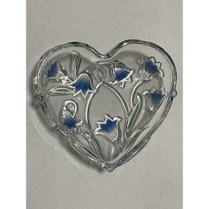 Mikasa Glass Heart Dish Trinket Green Blue Lotus Flower With Box Love Decor Gift